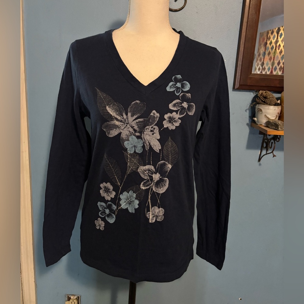 Faded Glory, Navy Blue, V-Neck, Botanical Print, Long Sleeve